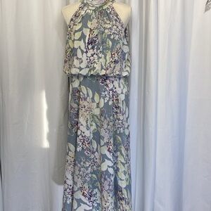 Adrianna Papell Floral Chiffon Halter Midi Dress – Light Blue & Lilac, Size 12